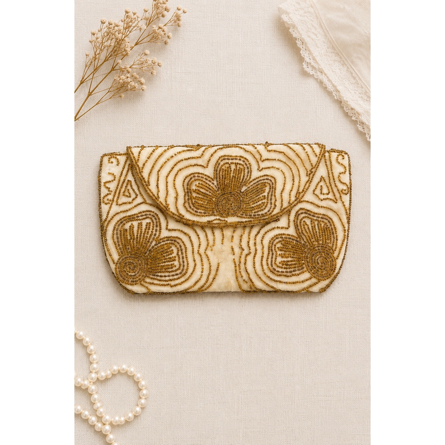 Vintage Hudson's Bay Belgium Beaded Evening Bag Satin Gold Floral Clutch Purse